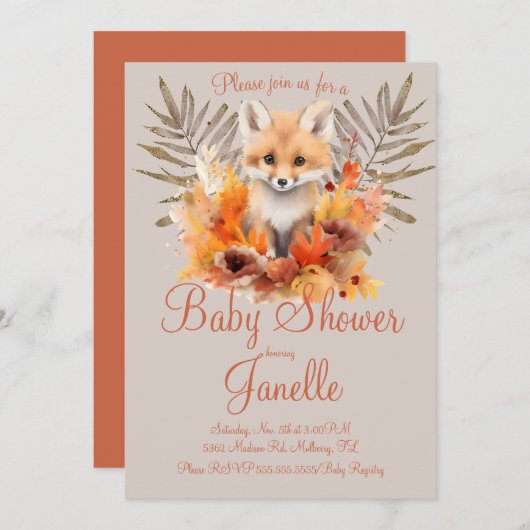 Woodland Fox Greenery Watercolor Babydusche Einladung (Vorne/Hinten)