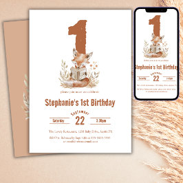 Woodland Fox Lesen eines Buches 1. Geburtstag Part Einladung