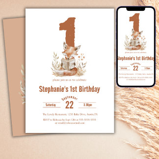 Woodland Fox Lesen eines Buches 1. Geburtstag Part Einladung