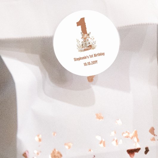 Woodland Fox Lesen eines Buches 1. Geburtstag Part Runder Aufkleber