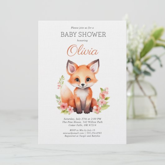 Woodland Fox Pink Peach Girl Baby Shower Einladung (Stehend Vorderseite)