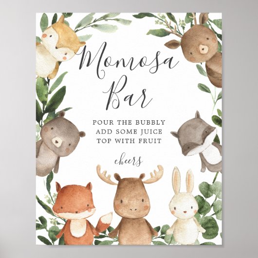 Woodland Friends Baby Dusche Mimosa Bar Zeichen Poster (Vorne)