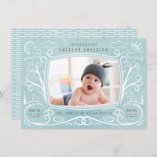 Woodland Friends Birth Announcement Boy Ankündigung (Vorne/Hinten)