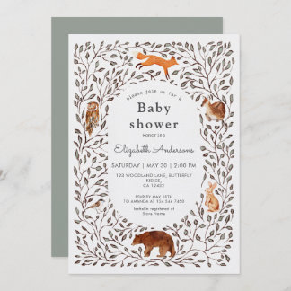 Woodland Friends Gender Neutral Sage Baby Shower Einladung