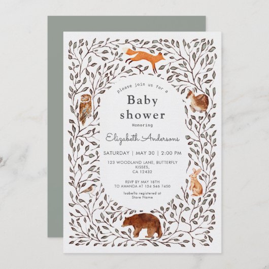 Woodland Friends Gender Neutral Sage Baby Shower Einladung (Vorne/Hinten)