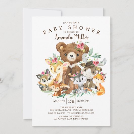 Woodland Friends Girls Kinderdusche Einladung (Vorderseite)