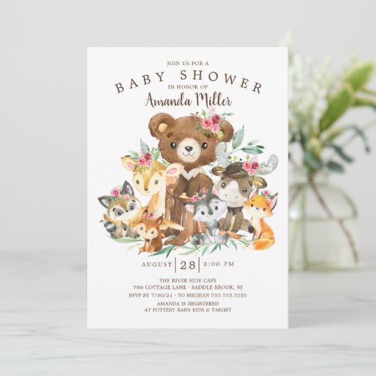 Woodland Friends Girls Kinderdusche Einladung (Stehend Vorderseite)