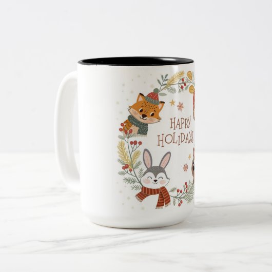 Woodland Friends Happy Holidays Circle Zweifarbige Tasse (Vorderseite Links)