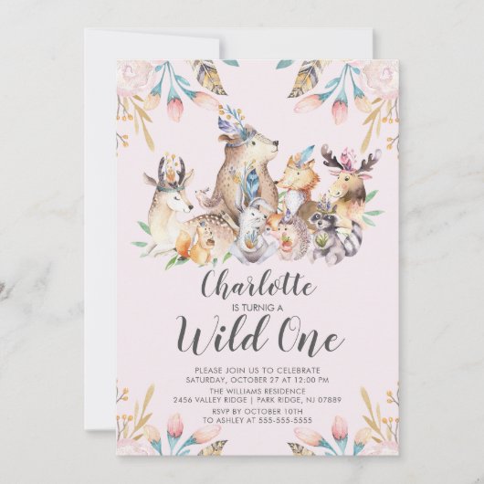 Woodland Friends Wild One Birthday Einladung (Vorderseite)