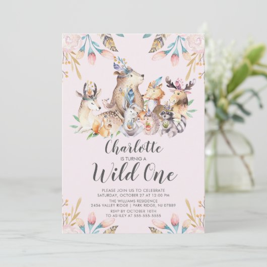 Woodland Friends Wild One Birthday Einladung (Stehend Vorderseite)