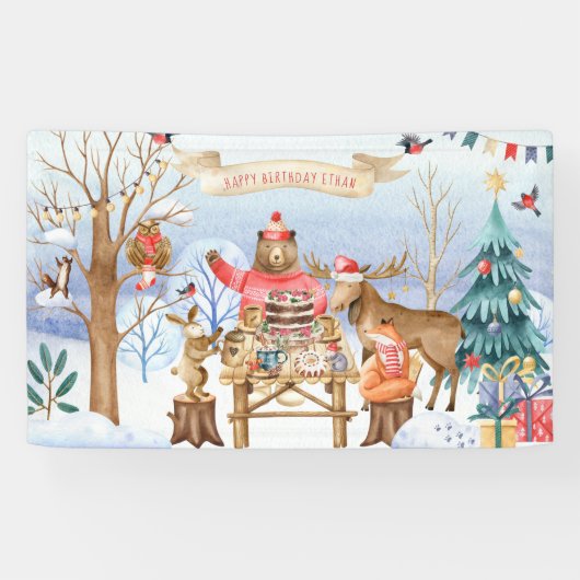 Woodland Friends Winter Geburtstagsparty Willkomme Banner (Horizontal)
