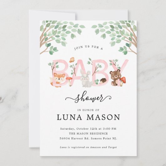 Woodland Girl Babydusche Einladung (Vorderseite)
