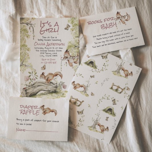 Woodland Girl Squirrels Forest Cute Baby Shower Einladung