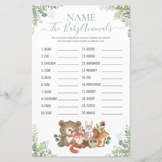 Woodland Greenerenery Shower Baby Animal Name Game (Vorderseite)