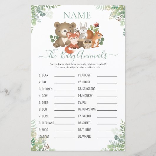 Woodland Greenerenery Shower Baby Animal Name Game (Vorderseite)