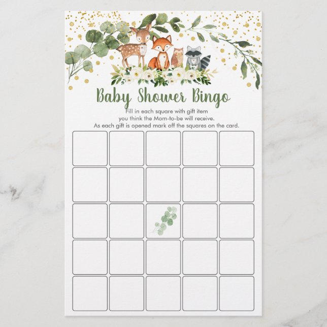 Woodland Greenery Baby Shower Bingo Game (Vorderseite)