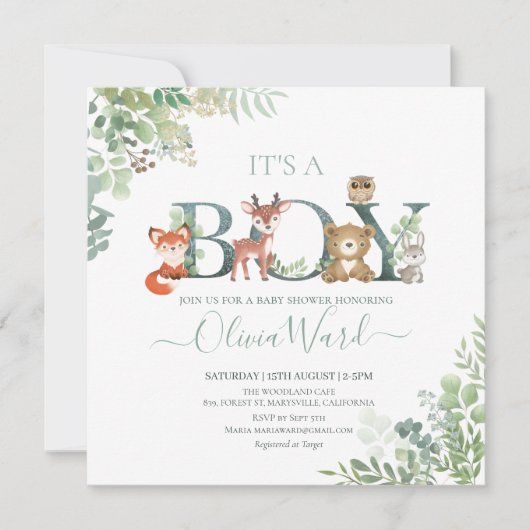 Woodland Greenery Baby Shower Boy Einladung (Vorderseite)