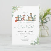 Woodland Greenery Baby Shower Boy Einladung (Stehend Vorderseite)