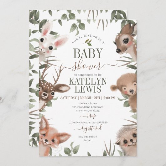 Woodland Greenery Baby Shower Einladung (Vorne/Hinten)