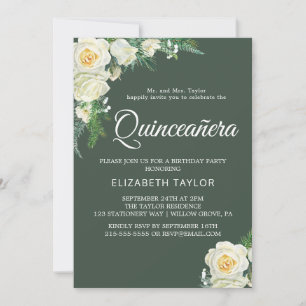 Woodland Greenery Hunter Green Quinceañera  Einladung