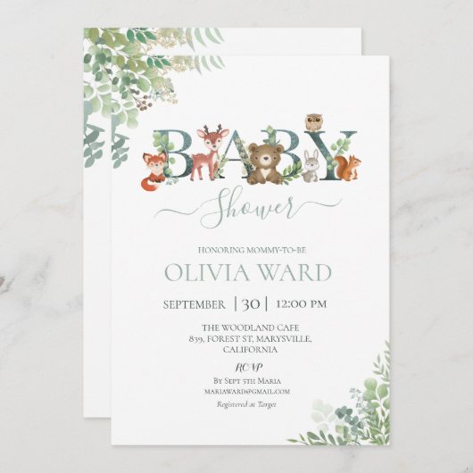 Woodland Greenery Kinderdusche Einladung (Vorne/Hinten)