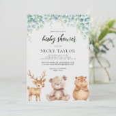 Woodland Greenery Süße Tier Babydusche Einladung (Stehend Vorderseite)