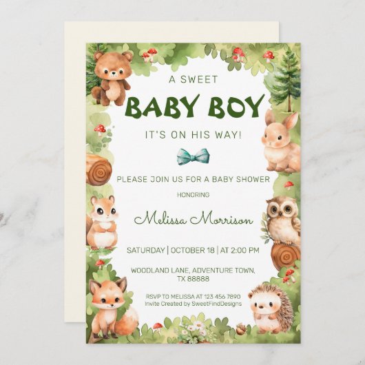 Woodland Greenery Sweet Baby Boy Dusche Einladung (Vorne/Hinten)