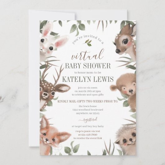 Woodland Greenery Virtual Baby Shower Einladung (Vorderseite)
