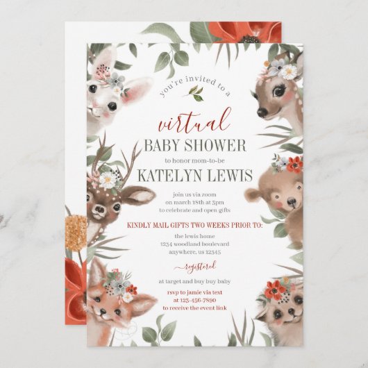 Woodland Greenery Virtual Baby Shower Einladung (Vorne/Hinten)