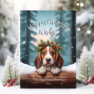 Woodland Happy Christmas wünscht Basset Hound Welp Feiertagskarte