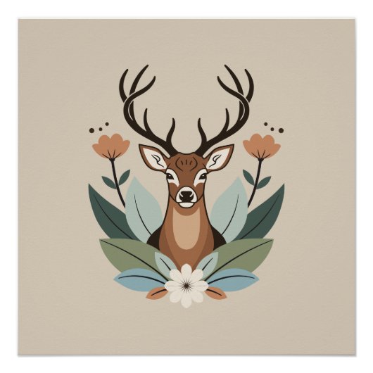 Woodland Harmony – Boho Deer Botanical Illustratio Poster (Vorderseite)