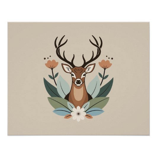 Woodland Harmony – Boho Deer Botanical Illustratio Poster (Vorderseite)