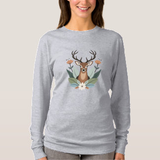 Woodland Harmony – Boho Deer Botanical Illustratio T-Shirt