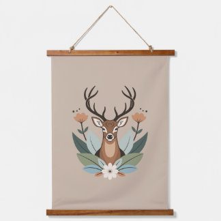 Woodland Harmony – Boho Deer Botanical Illustratio Wandteppich Mit Holzrahmen