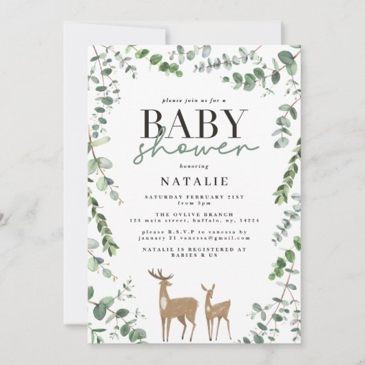 Woodland Hirsche Eukalyptus moderne Babydusche Einladung (Vorderseite)