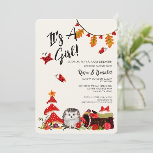 Woodland Igel Pilze Fall Girl Babydusche Einladung (Stehend Vorderseite)