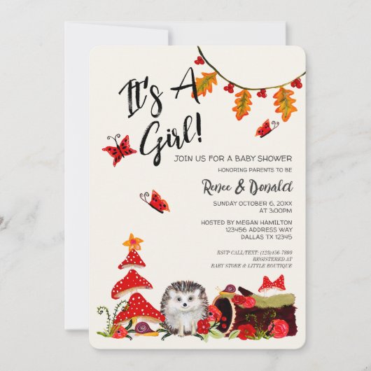 Woodland Igel Pilze Fall Girl Babydusche Einladung (Vorderseite)