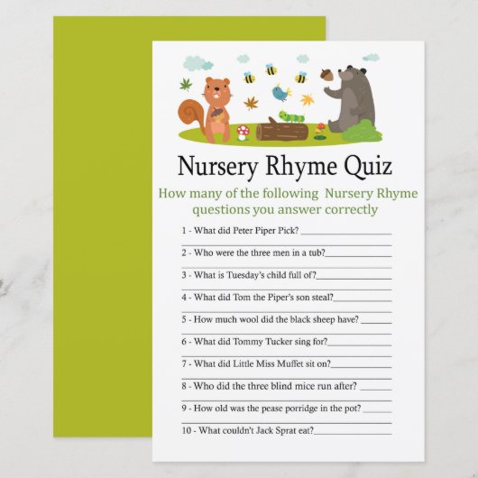 Woodland Kinderzimmer Rhyme Quiz Kinderduschenspie (Vorne/Hinten)