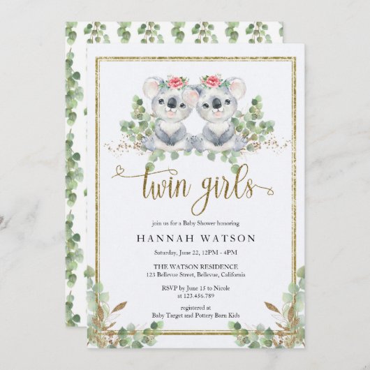 Woodland Koala Eucalyptus Pink Roses Baby Dusche Einladung (Vorne/Hinten)