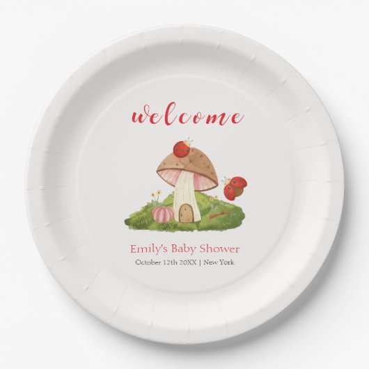 Woodland Ladybug Mushroom Babydusche Willkommen Pappteller (Vorderseite)