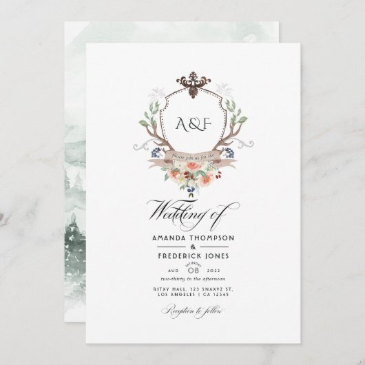 Woodland Laurel Wappen Monogram Wedding Foto Einladung (Vorne/Hinten)