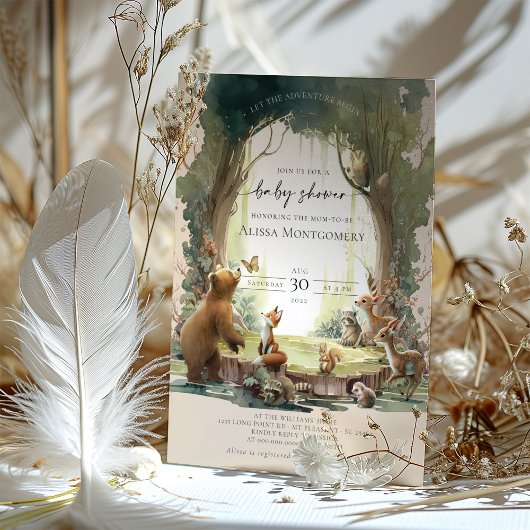 Woodland Ließ die Adventure Begin Baby Dusche Einladung