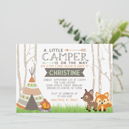 Woodland Little Camper Teepee Babydusche Einladung (Stehend Vorderseite)