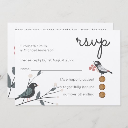 Woodland Love Birds Wedding RSVP MENU Rustic Kraft Einladung (Vorne/Hinten)