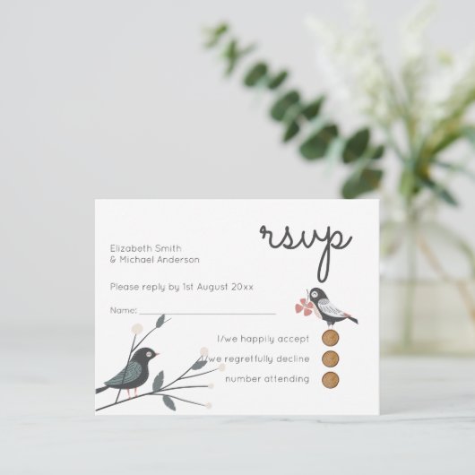 Woodland Love Birds Wedding RSVP Rückkehrbudget Einladungspostkarte (Stehend Vorderseite)