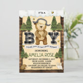 Woodland Lumberjack Bear Baby Dusche Einladung (Stehend Vorderseite)