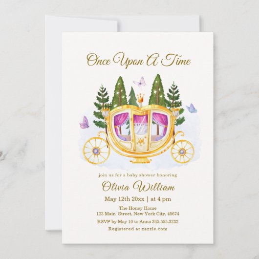 Woodland Mairytale Princess Carriage Baby Dusche Einladung (Vorderseite)