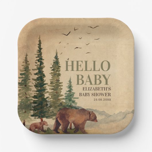 Woodland Mama Bear & Cub Baby Dusche Pappteller (Vorderseite)