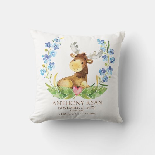 Woodland Moose Baby Birth Stats Pillow Kissen (Vorderseite)