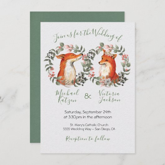 Woodland Mr. und Mrs. Fox Porträtkranz Hochzeit Einladung (Vorne/Hinten)